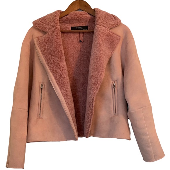 Zara Faux Suede Shearling Winter Moto Jacket Size L - Picture 5 of 9
